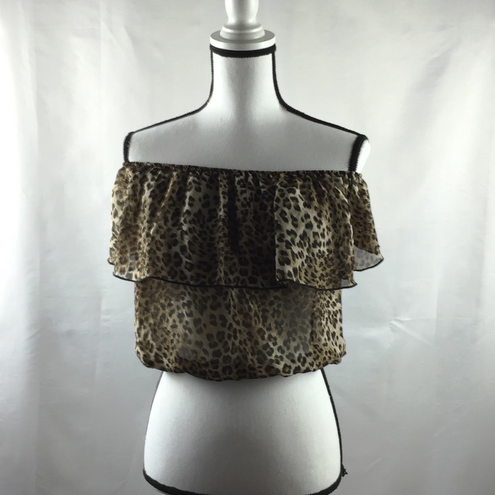 Sheer Off The Shoulder Leopard Print Crop Top Sz L